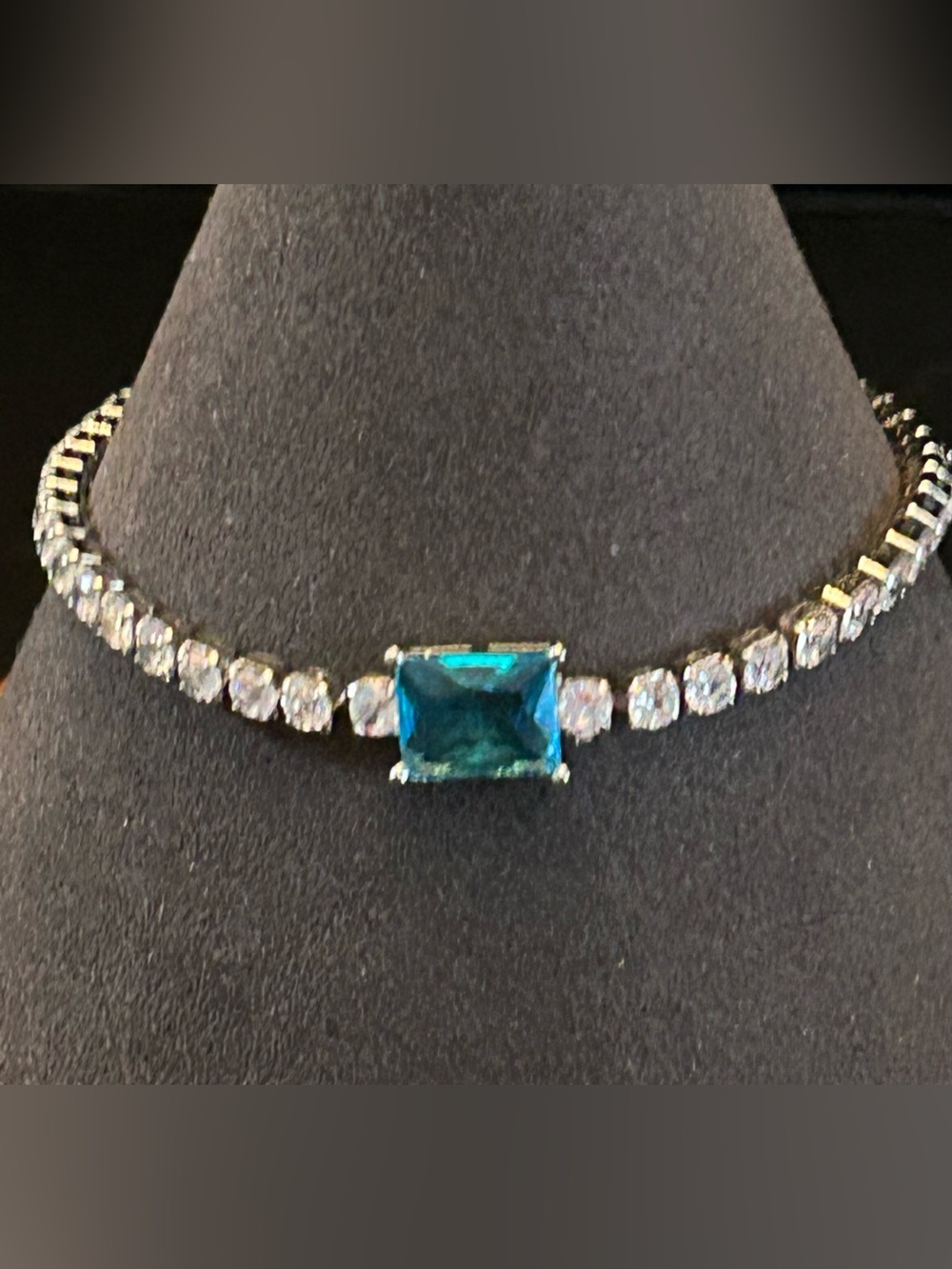 Teal Blue Emerald-Cut & Clear Round Crystal Tennis Line Bracelet Silver-Tone 7”